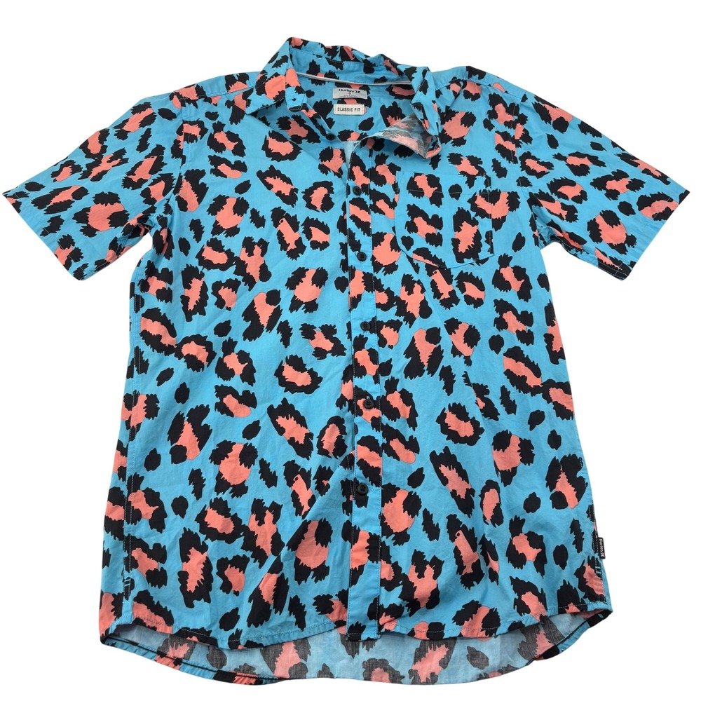 Hurley Mens S Blue Pink Leopard Print Short Sleeve Button Down Shirt Classic Fit